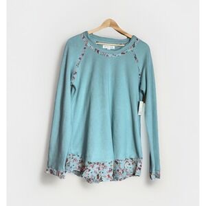 Cactus + Pearl Green Thermal Top w/Floral Trim Size M Long Sleeve Boar Neck